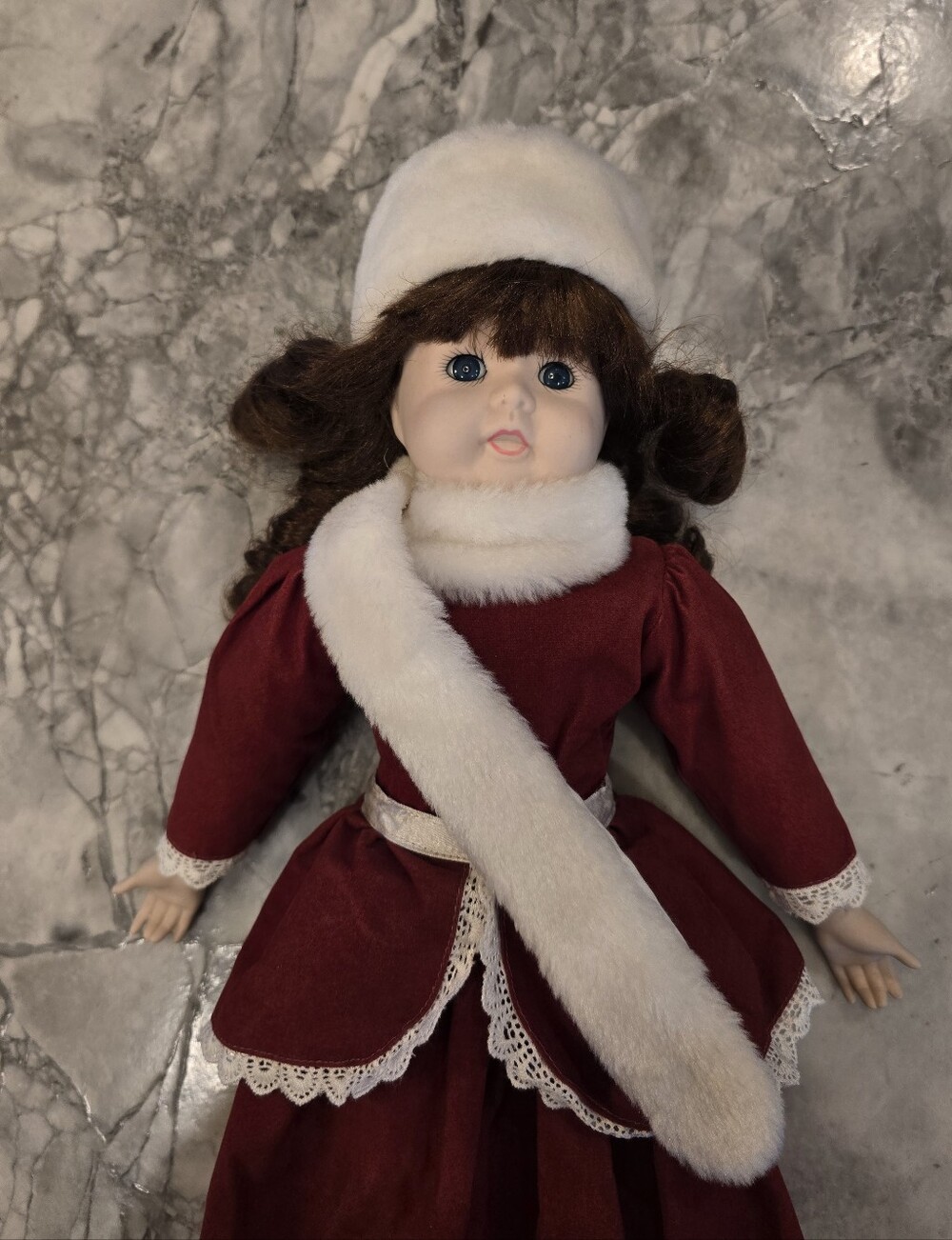 Vintage Porcelain Doll Cloth Body House of LLoyd Inc. Burgundy Velvet White Fur
